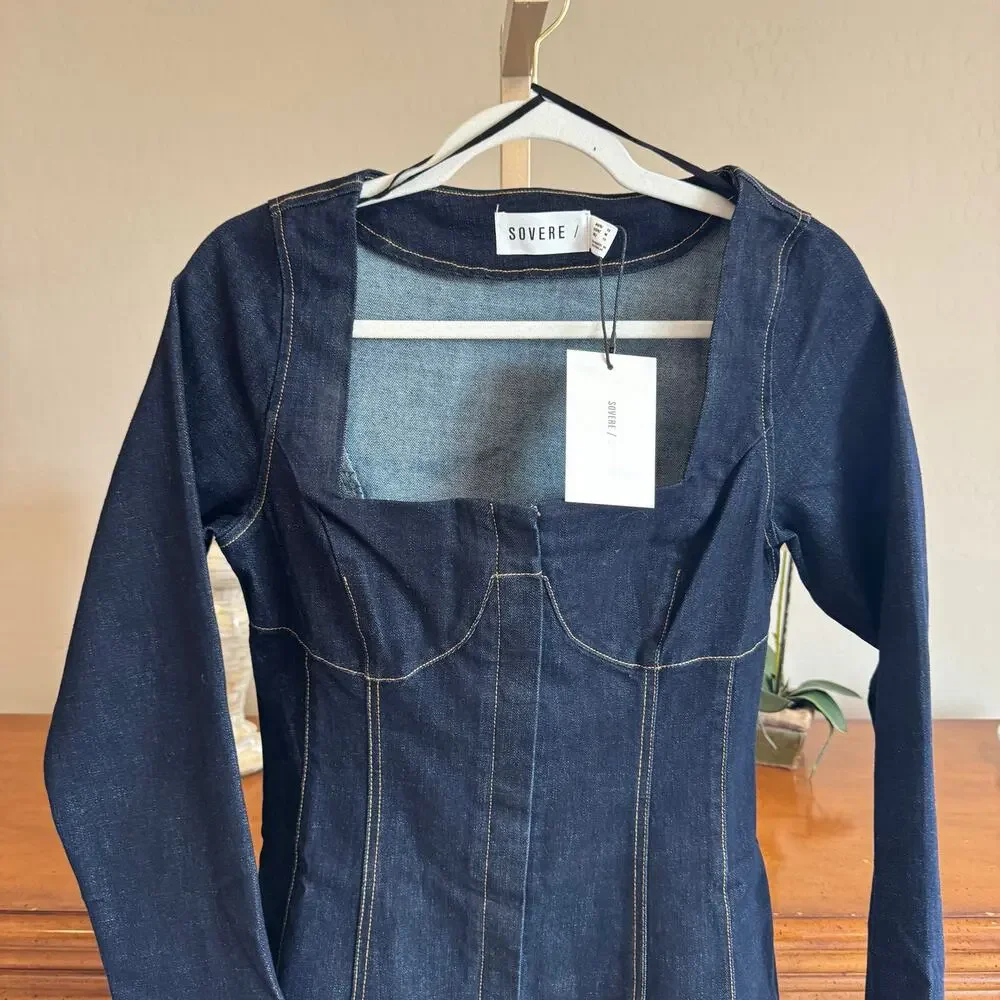 Anthro SOVERE Dusk Denim Mini Dress Ink Blue M NWT - Picture 5 of 9